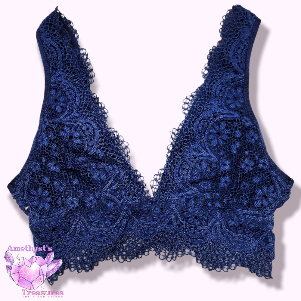VICTORIA'S Secret XS Bralette Academy Blue Lace Unlined, Triangle Lounge Waffle